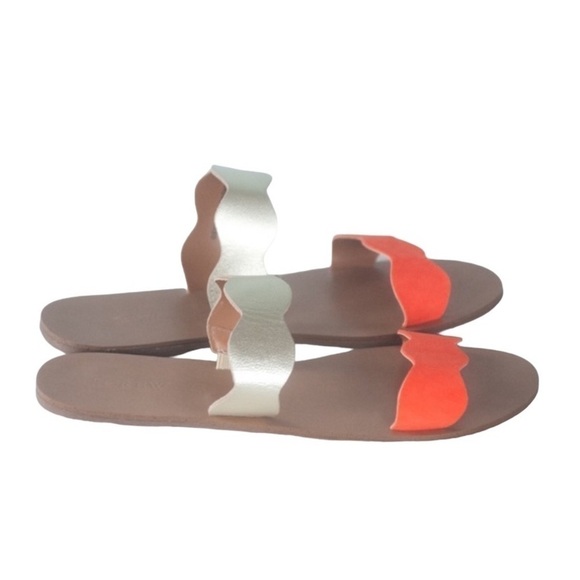 J.Crew Scalloped gold Metallic and orange Leather Sandals slides - Picture 2 of 10